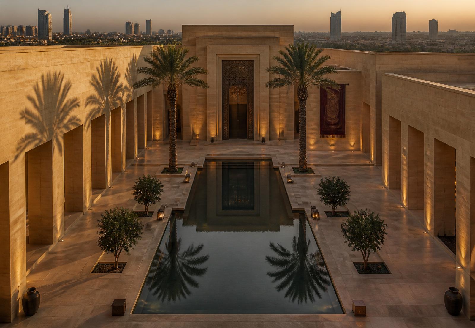 Contemporary Saudi courtyard with reflecting pool at dusk